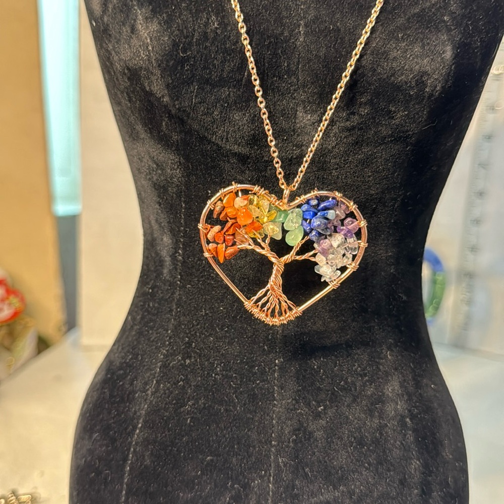 tree of life Necklace multicolor stone heart copper color long adjust chain NWOT